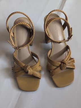 Women's Tan Braided Knot Block Heel Sandals
